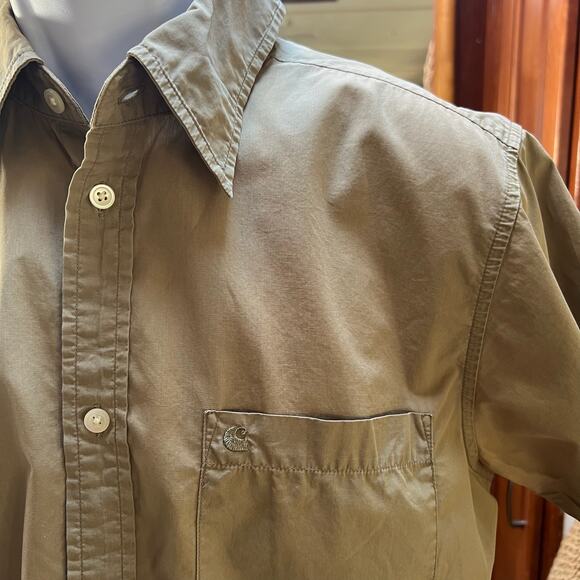 Carhartt Men’s L Rugged Work Shirt | Tan Cotton Short Sleeve Utility Button-Up - Picture 5 of 7